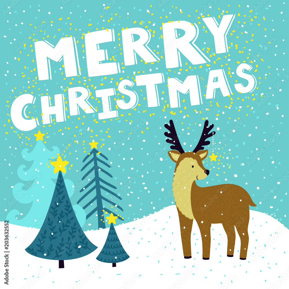 Vector Christmas card with cute reindeer with star on his horns. Holiday background with hand drawing cartoon character, winter landscape, Christmas trees and text 