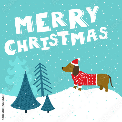 Vector Christmas card with cute dachshund in Santa's hat and knitted sweater. Holiday background with hand drawing cartoon character, winter landscape, Christmas trees and text "Merry Christmas".