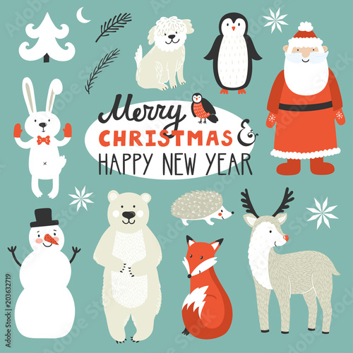 Holiday set of cute Christmas characters: Santa Claus, fox, deer, penguin, rabbit, polar bear, urchin, dog, bullfinch. Christmas card with text Merry Christmas and happy New Year. Winter background