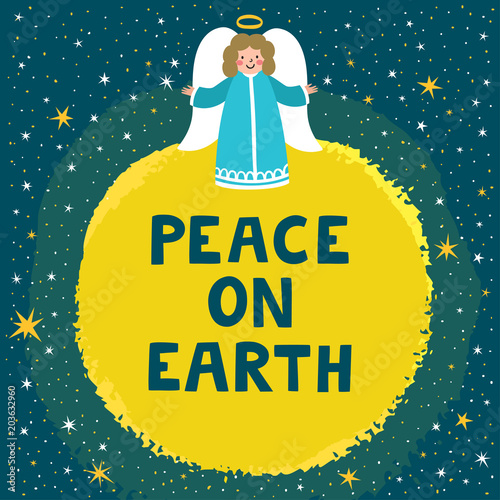 Christmas greeting card with cute angel, moon, stars and text "Peace on Earth". Beautiful holiday background in cartoon style. Night childish background.