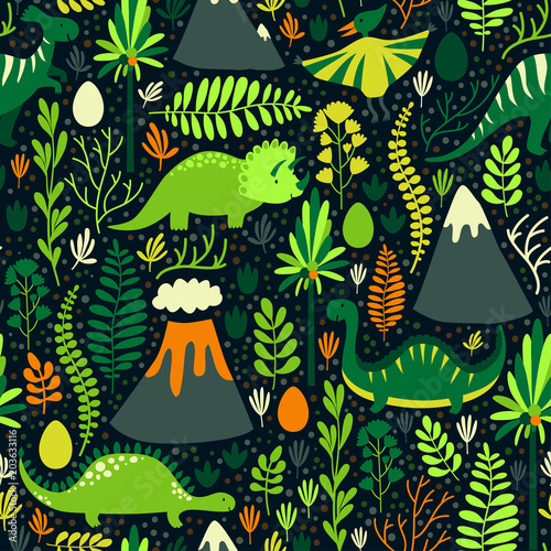 Vector seamless pattern with different dinosaurs, floral elements and mountains. Cute hand drawing cartoon characters. Childish bright repeated texture for wallpaper, fabrics and different surfaces.