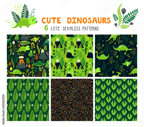 Vector set of six seamless patterns with dinosaurs, floral elements and mountains. Childish bright repeated textures with cartoon characters for wallpaper, fabrics and different surfaces.