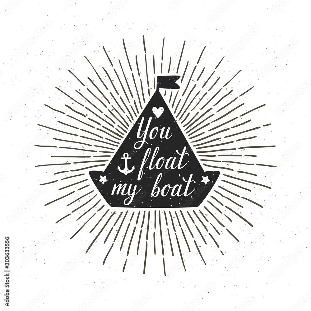 Vecteur Stock Vector card with boat silhouette, sunbursts, and hand