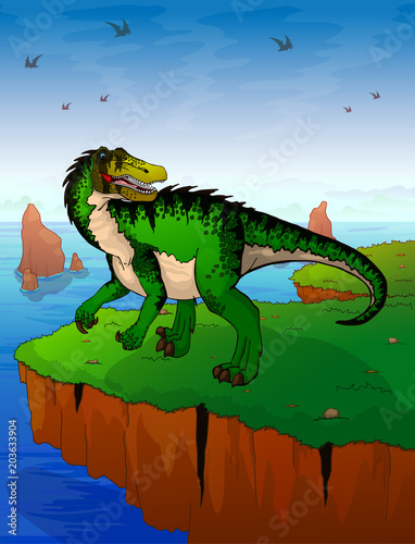 Baryonyx the background of the sea. Vector illustration.