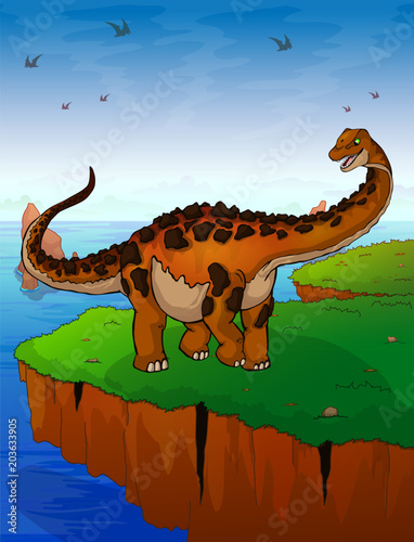 Titanosaur on the background of the sea. Vector illustration.