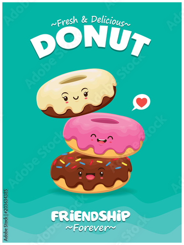 Vintage food poster design with vector donuts characters.