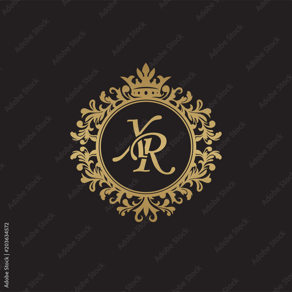 Initial letter XR, overlapping monogram logo, decorative ornament badge, elegant luxury golden color