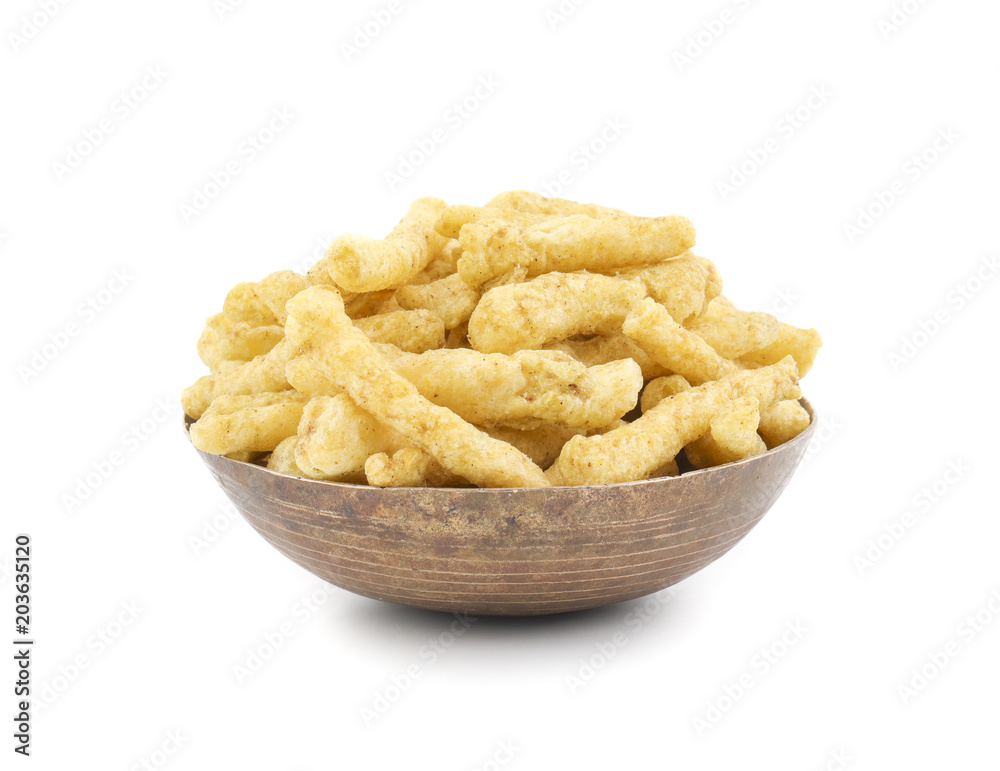 Indian Street Food Spicy Kurkure Also Know as Namkeen Sticks, Green Chutney Kurkure isolated on White Background Indian Street Food Spicy Kurkure Also Know as Namkeen Sticks, Green Chutney Kurkure isolated on White Background