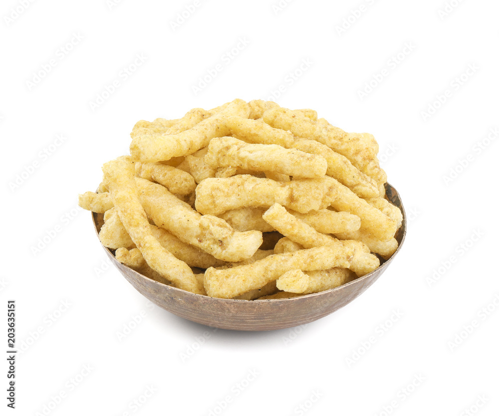 Indian Street Food Spicy Kurkure Also Know as Namkeen Sticks, Green Chutney Kurkure isolated on White Background Indian Street Food Spicy Kurkure Also Know as Namkeen Sticks, Green Chutney Kurkure isolated on White Background