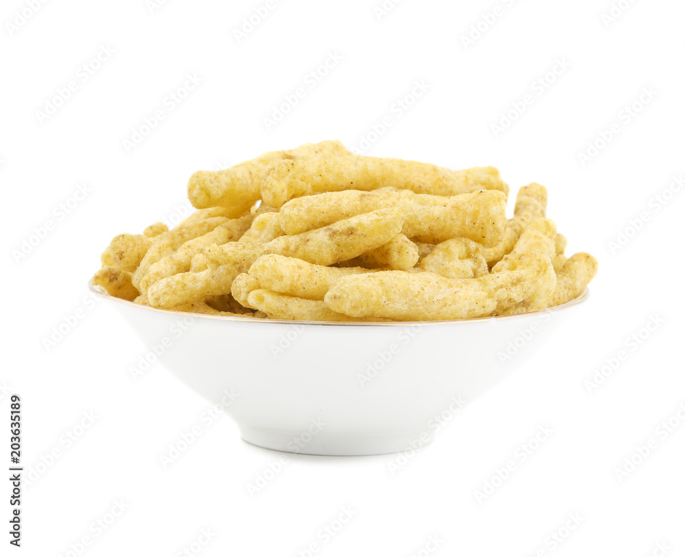 Indian Street Food Spicy Kurkure Also Know as Namkeen Sticks, Green Chutney Kurkure isolated on White Background Indian Street Food Spicy Kurkure Also Know as Namkeen Sticks, Green Chutney Kurkure isolated on White Background