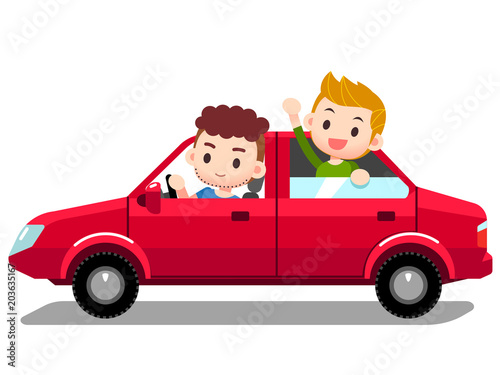 Vector set of people  man driving car with company  kid  children in back seat.