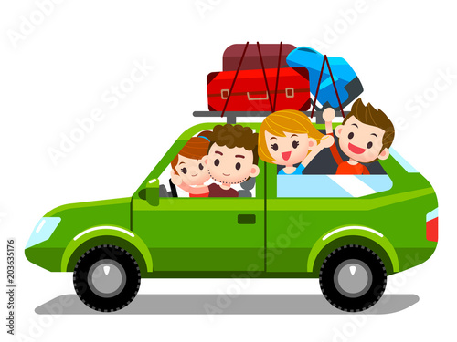 Vector family traveling in a car with luggages and bags on the roof