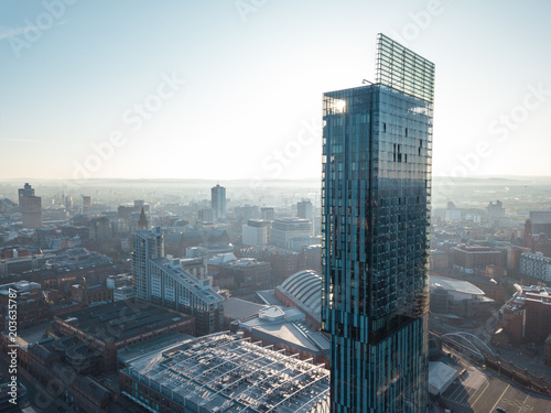Manchester City Centre Drone Aerial View Above Building Work Skyline Construction Blue Sky Summer photo