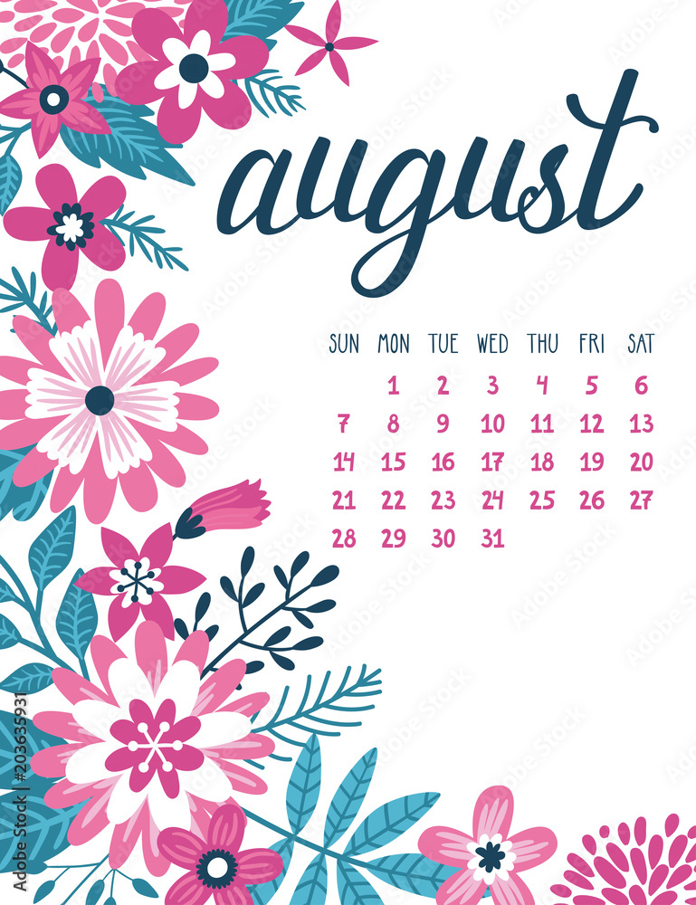 Vector calendar page for August 2016 with flowers. Vector calendar page for August 2016 with flowers.