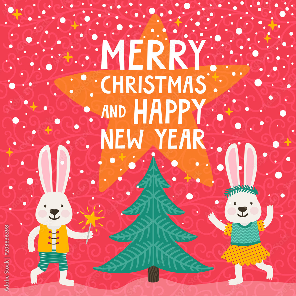 Φωτογραφία Vector Christmas background with cute bunnies, fir tree, snow and hand written text Merry Christmas and Happy New Year