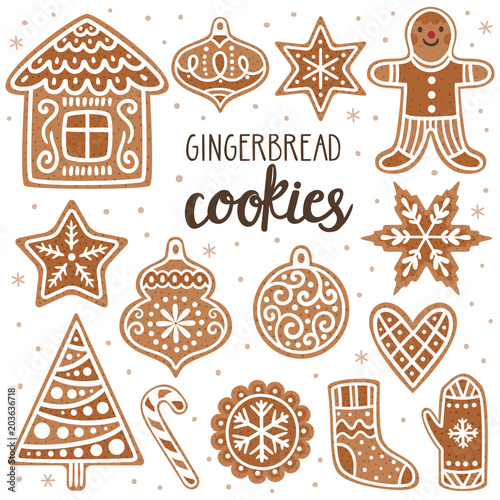 Vector set of gingerbread cookies: house, gingerbread man, stars, snowflakes, Christmas ornaments, sock, mitten, sugar cane and Christmas tree. Collection of homemade holiday cookies. New Year bakery.