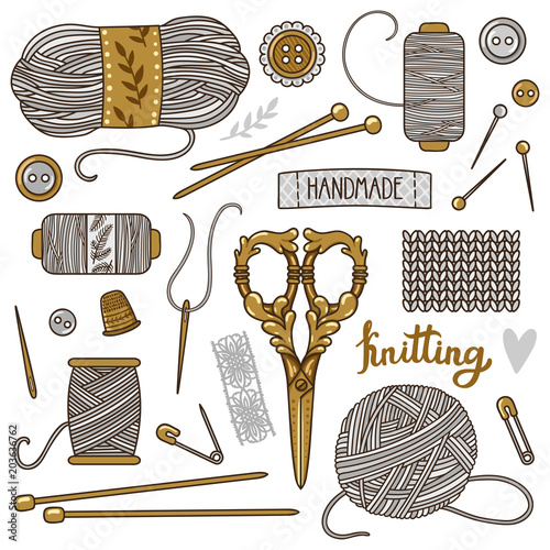 Vector set of knitting and sewing tools. Stylish collection of vintage scrapbook elements. Accessories for hobby, handmade, workshops.