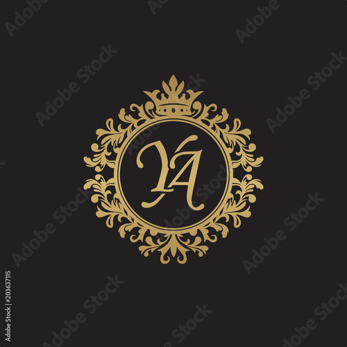Initial letter YA, overlapping monogram logo, decorative ornament badge, elegant luxury golden color