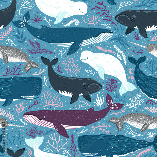 Vector seamless pattern with whales. Repeated texture with marine mammals: narwhal, blue whale, beluga whale, white whale and sperm whale. Blue sea background with animals.