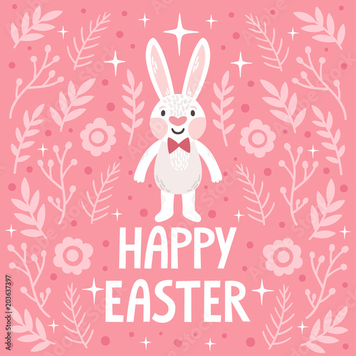 Vector holiday background with cute rabbit  floral elements and text  Happy Easter . Beautiful pink poster with cartoon character.
