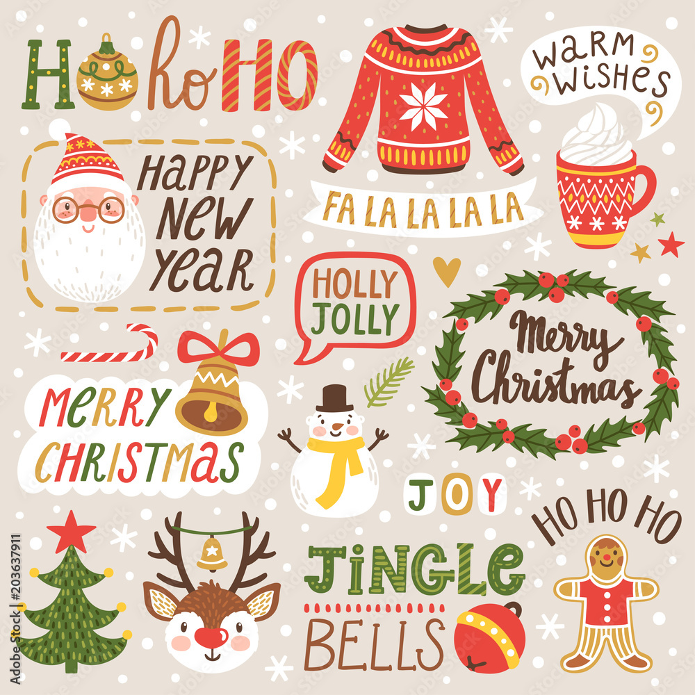 Vector set of holiday labels with hand written phrases about Christmas season and New Year. Winter collection with Santa Claus, reindeer, snowman. Vector set of holiday labels with hand written phrases about Christmas season and New Year. Winter collection with Santa Claus, reindeer, snowman.