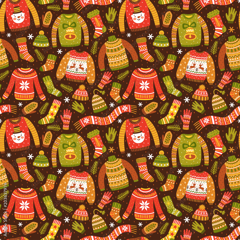 Fototapeta premium Winter seamless pattern with knitted jumpers, socks, hats, scarfs and mittens. Cute vector background with ugly sweaters. Repeating texture for New Year holidays. Christmas ornament.