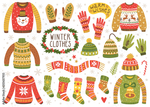 Vector set of cute winter clothes: sweaters, socks, hats, mittens, scarf. Collection of ugly sweaters with norwegian ornaments.