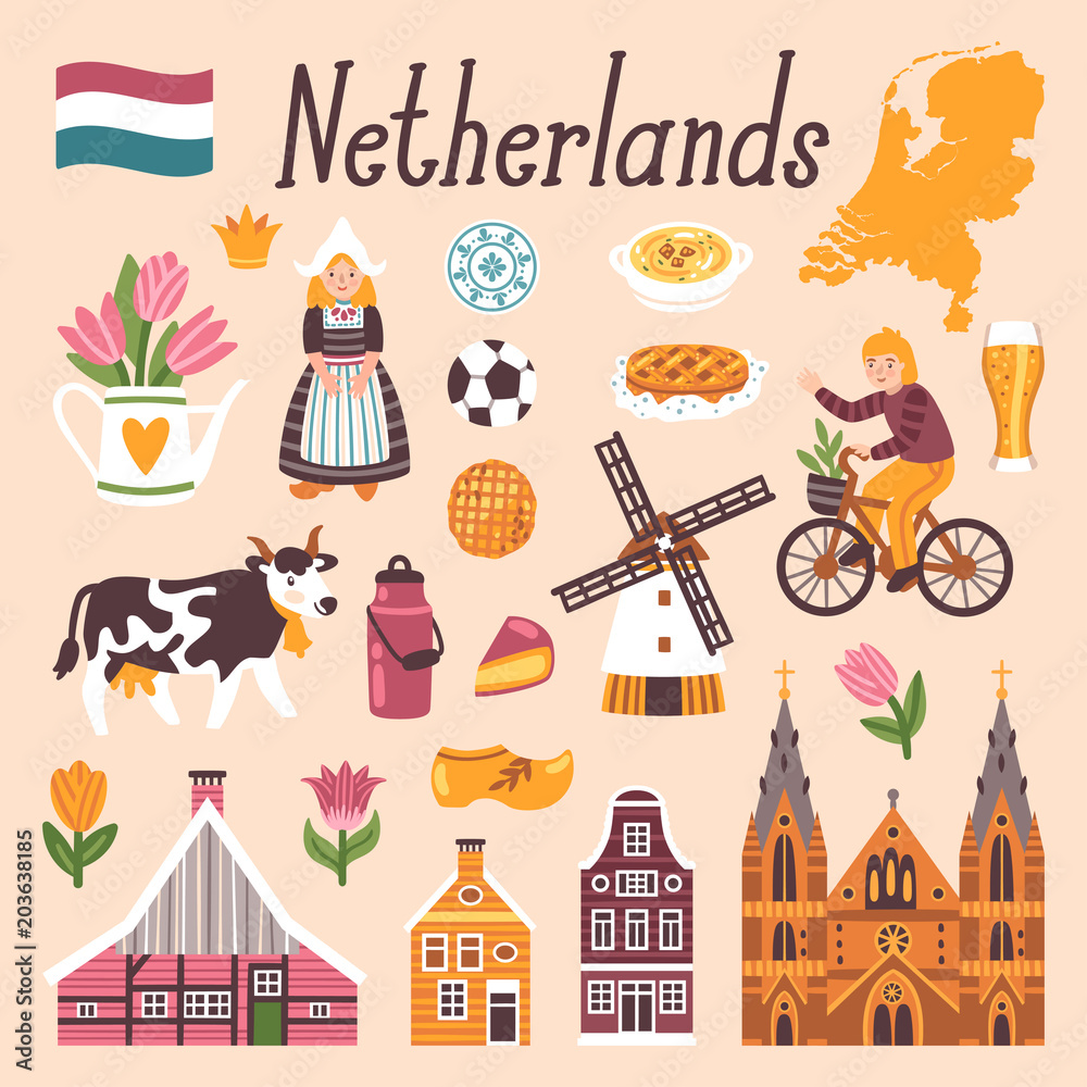 Vector icon set of Netherlands's symbols. Travel illustration with dutch landmarks, people,traditional holland food, building. Vector icon set of Netherlands's symbols. Travel illustration with dutch landmarks, people,traditional holland food, building.