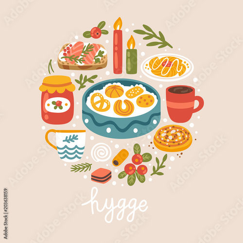 Vector illustration with Danish food, drinks and hand written text "Hygge". Scandinavian style. Trendy concept background.