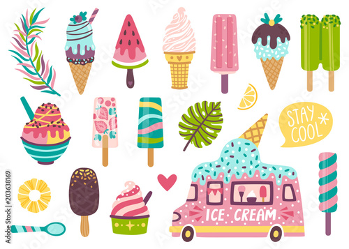 Set of cute summer icons: different ice cream, popsicles, fruit ice and ice cream truck. Bright summertime poster with sweet food. Collection of scrapbooking elements for summer party.
