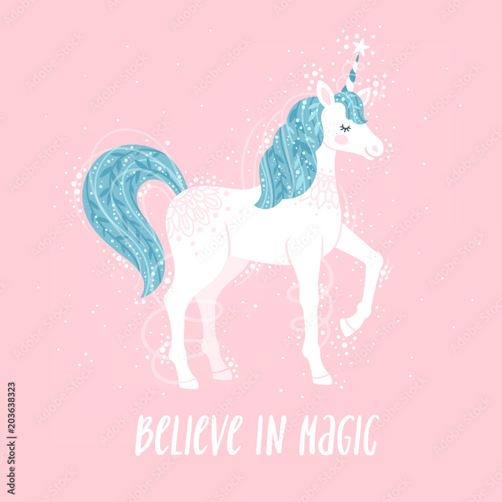 Vector motivation card with unicorn, stars, and text Vector motivation card with unicorn, stars, and text