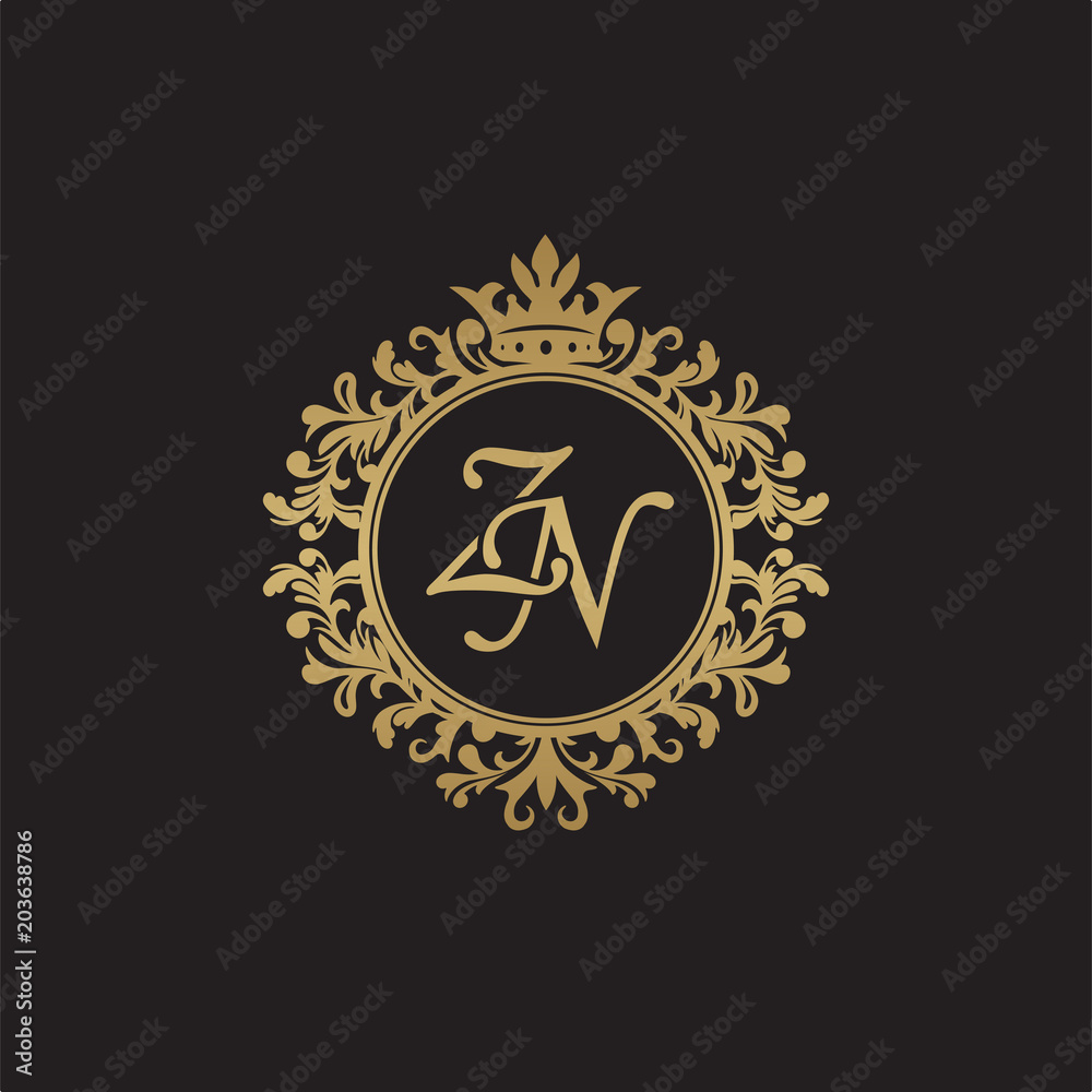 Initial letter ZN, overlapping monogram logo, decorative ornament badge, elegant luxury golden color