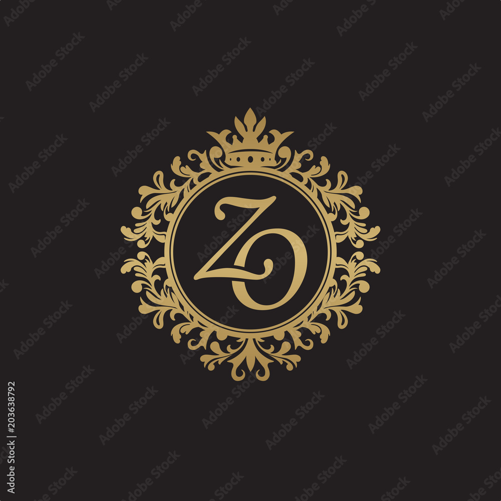 Naklejka premium Initial letter ZO, overlapping monogram logo, decorative ornament badge, elegant luxury golden color