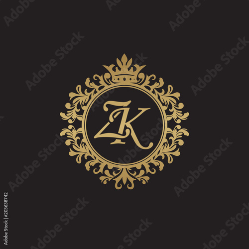 Initial letter ZK, overlapping monogram logo, decorative ornament badge, elegant luxury golden color