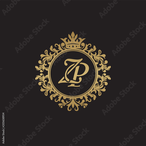 Initial letter ZP, overlapping monogram logo, decorative ornament badge, elegant luxury golden color