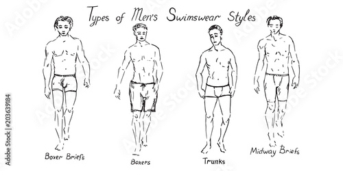 Portrait of sexy guys in boxer briefs, boxers, trunks and midway briefs shorts collection with inscription, hand drawn outline doodle, sketch in pop art style, black and white vector illustration