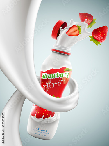 Yogurt bottle ads with strawberry flavor in milk swirl, commercial vector yogurt beverage mock-up hyperrealistic illustration