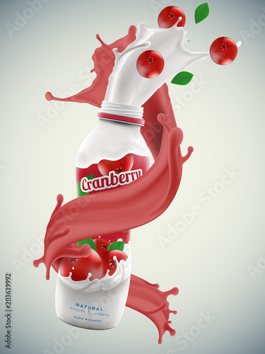 Cranberry greek yogurt in cream or milk splash pure vector illustration for milk products and beverage design high quality art