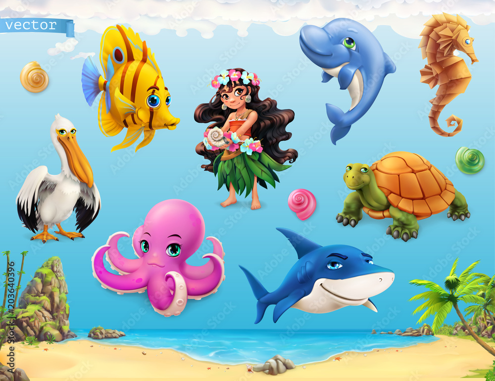 Fototapeta Little girl with a seashell. Funny sea animals and fishes. 3d vector icon set