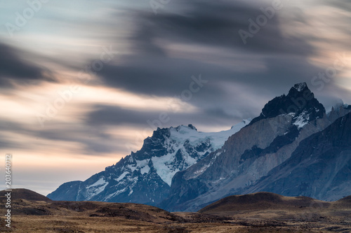 Sunset over the mountain range of Torres del Paine