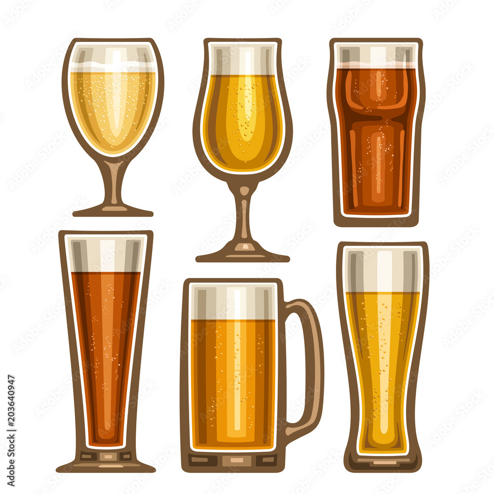 Vector set of different Beer glassware, 6 full glass cups with yellow and brown fizzy beverages various shape, collection icons of alcohol drinks lager and pilsner beer isolated on white background. Vector set of different Beer glassware, 6 full glass cups with yellow and brown fizzy beverages various shape, collection icons of alcohol drinks lager and pilsner beer isolated on white background.