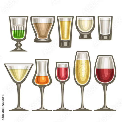 Vector set of different glassware, 10 half full glass cups with colorful spirit beverages various shape, collection icons of alcohol drinks red and white wine, hard liquor isolated on white background