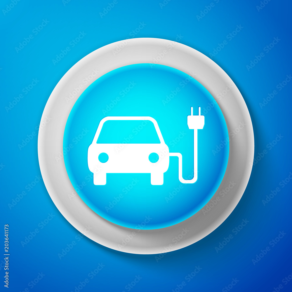 White Electric car and electrical cable plug charging icon isolated on blue background. Electric car charging sign. Renewable eco technologies. Circle blue button with white line. Vector Illustration White Electric car and electrical cable plug charging icon isolated on blue background. Electric car charging sign. Renewable eco technologies. Circle blue button with white line. Vector Illustration