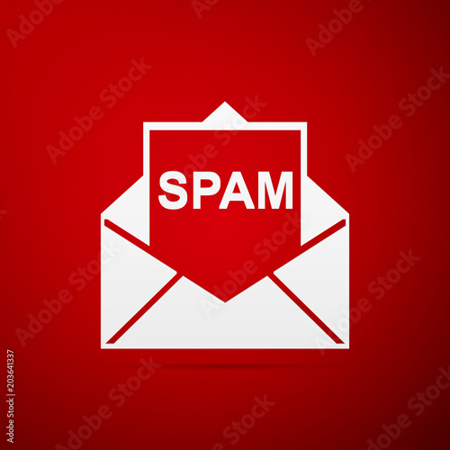 Envelope with spam icon isolated on red background. Concept of virus, piracy, hacking and security. Flat design. Vector Illustration