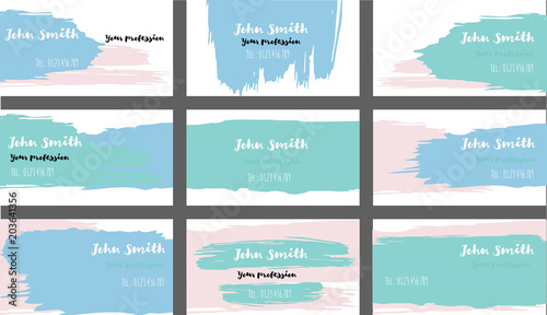 Purple, Blue Paint Shop Business Cards Template. Vector Artistic Corporate Identity Texture. Brushstroke Smears Business Cards Template Set. Future Hipster Banner, Ads Horizontal Cute Cool Prints.