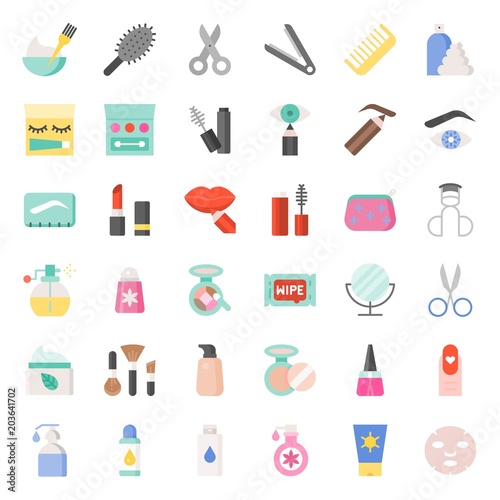 Beauty, body cares products and cosmetics icon set, flar style