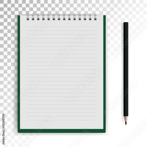 Photorealistic vector notebook with pencil on white transparent background.