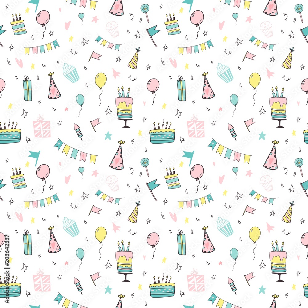 Hand drawn seamless doodle pattern, birthday theme. Hand drawn seamless doodle pattern, birthday theme.