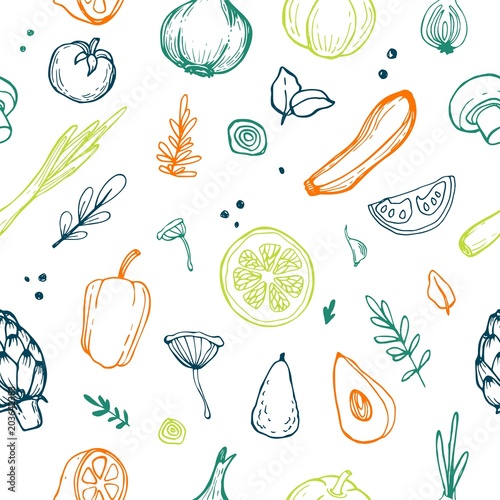 Vector seamless pattern with different vegetables. Perfect healthy lifestyle ...