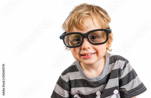 Portrait of cute toddler wearing sunglasses. Isolated on white